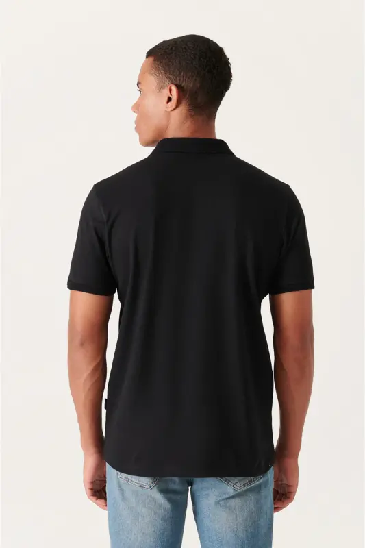 Men's Black Regular Fit 3 Button 100% Egyptian Cotton Polo Collar T-shirt B001027-Black - 4