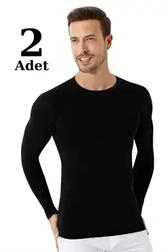 Men's Black Regular Fit Crewneck Long Sleeve T-Shirt 2-Pack 100% Cotton - 1