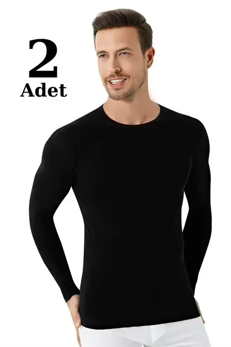Men's Black Regular Fit Crewneck Long Sleeve T-Shirt 2-Pack 100% Cotton - 1