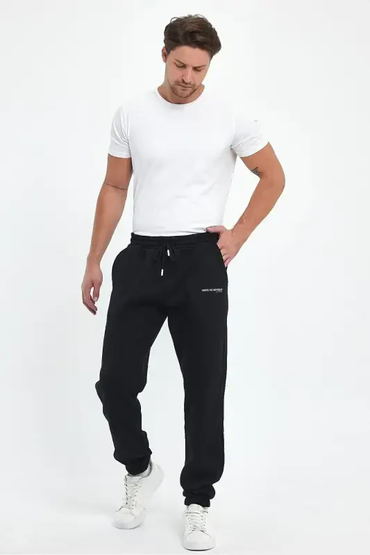 Men's Black Regular Fit Elastic Waist Note To Myself Printed Comfortable Cotton Sweatpants-Black - 4