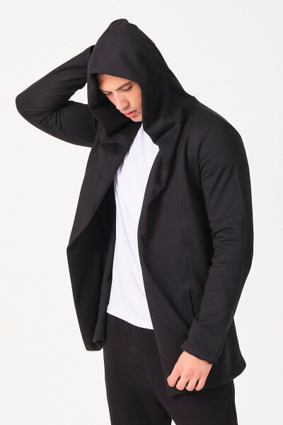 Men's Black Regular Fit Hooded Long Poncho Cardigan - 21