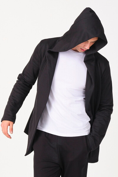 Men's Black Regular Fit Hooded Long Poncho Cardigan - 22