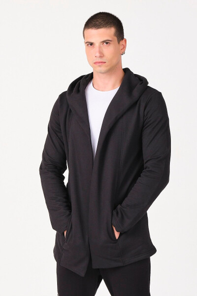 Men's Black Regular Fit Hooded Long Poncho Cardigan - 23