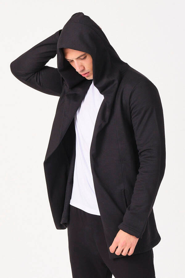 Men's Black Regular Fit Hooded Long Poncho Cardigan - 15