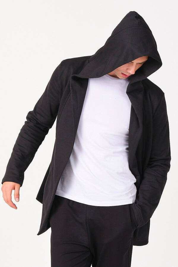 Men's Black Regular Fit Hooded Long Poncho Cardigan - 16