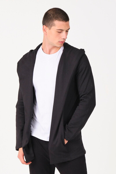Men's Black Regular Fit Hooded Long Poncho Cardigan 