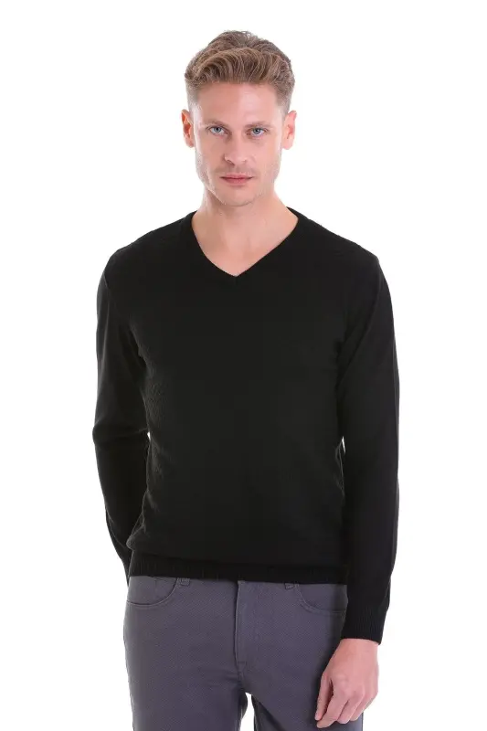 Men's Black Regular Fit Patterned V-Neck Knit Sweater - HATEMOĞLU