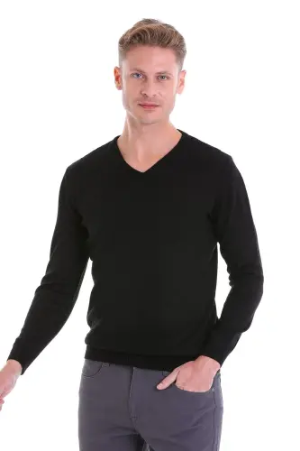 Men's Black Regular Fit Patterned V-Neck Knit Sweater - HATEMOĞLU (1)
