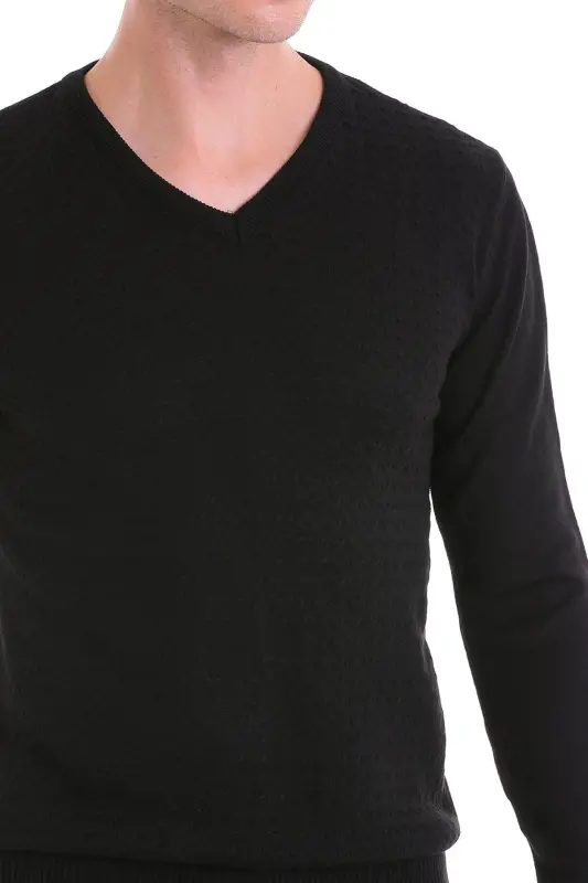 Men's Black Regular Fit Patterned V-Neck Knit Sweater - 5