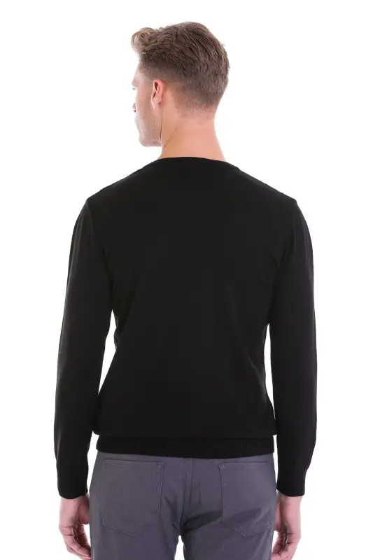 Men's Black Regular Fit Patterned V-Neck Knit Sweater - 6