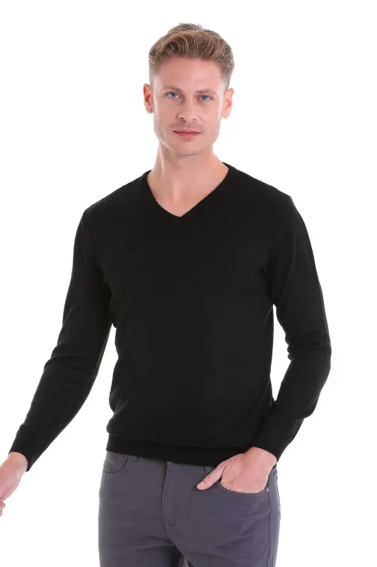 Men's Black Regular Fit Patterned V-Neck Knit Sweater - 2