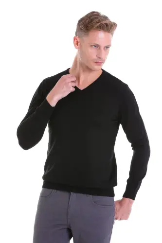 Men's Black Regular Fit Patterned V-Neck Knit Sweater - 3