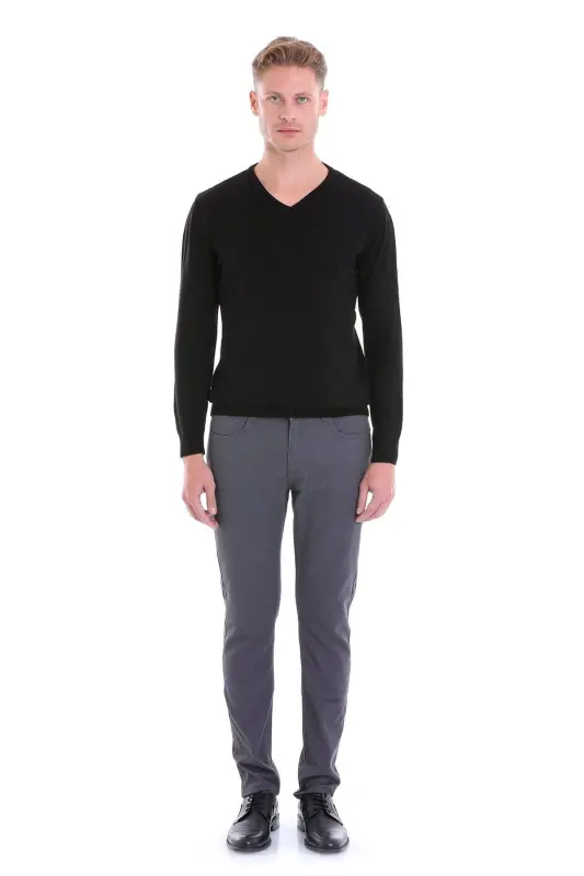 Men's Black Regular Fit Patterned V-Neck Knit Sweater - 4