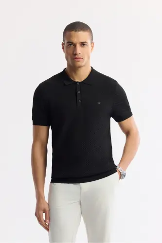 Men's Black Regular Fit Polo Neck Textured Knit T-shirt B005120-Black 