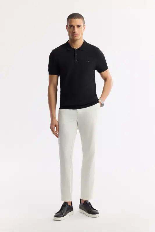 Men's Black Regular Fit Polo Neck Textured Knit T-shirt B005120-Black - 5