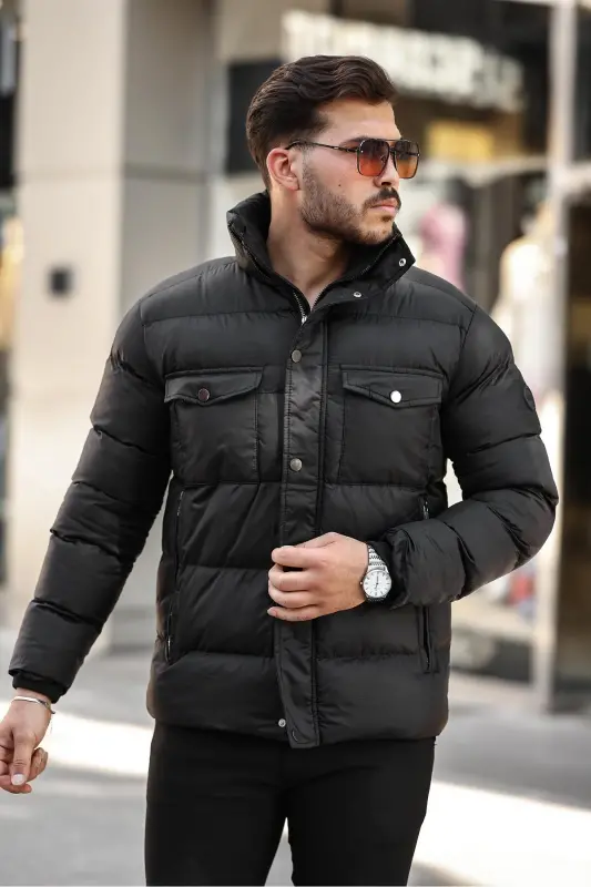 Men's Black Regular Fit Stand-Up Collar Water and Windproof Puffer Jacket - BLACK - 1