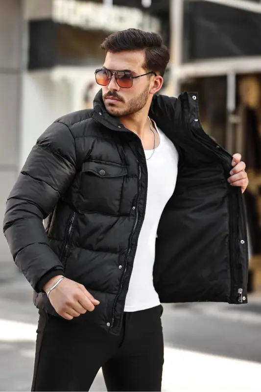 Men's Black Regular Fit Stand-Up Collar Water and Windproof Puffer Jacket - BLACK - 3