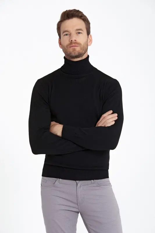 Men's Black Regular Fit Turtleneck Knit Sweater-S - 3