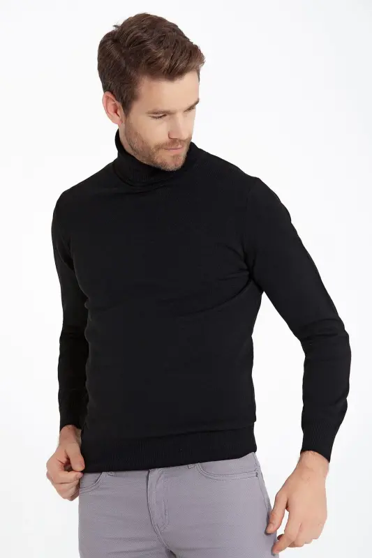 Men's Black Regular Fit Turtleneck Knit Sweater-S - 4