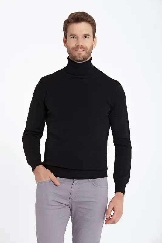 Men's Black Regular Fit Turtleneck Knit Sweater-S - 1