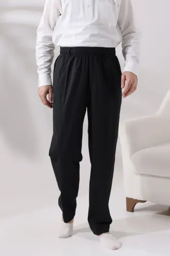 Men's Black Relaxed Fit Elastic Waist Linen Ihram and Umrah Pants 