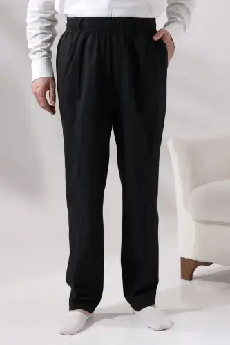 Men's Black Relaxed Fit Elastic Waist Linen Ihram and Umrah Pants - IHVAN ONLINE (1)