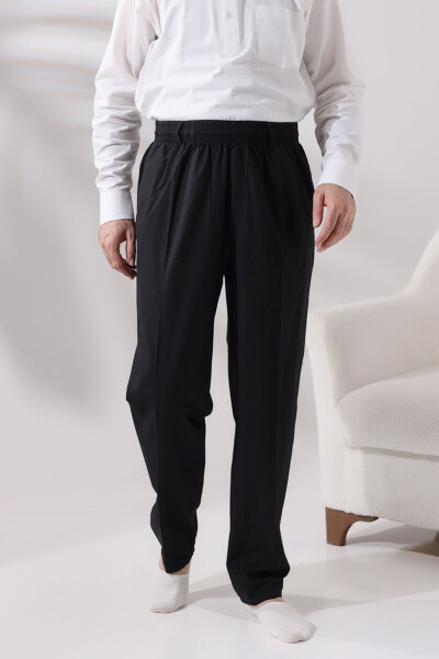 Men's Black Relaxed Fit Elastic Waist Linen Ihram and Umrah Pants - 1