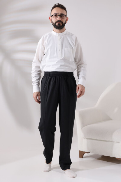 Men's Black Relaxed Fit Elastic Waist Linen Ihram and Umrah Pants - 5