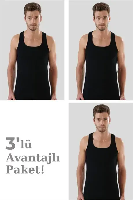 Men's Black Ribbed Tank Top 3-Pack 100% Cotton - BÜYÜKBEDENIZ