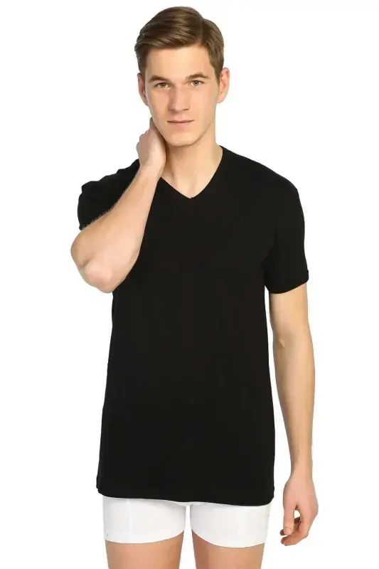 Men's Black Ribbed V-Neck Undershirt 3-Pack - Black - 1