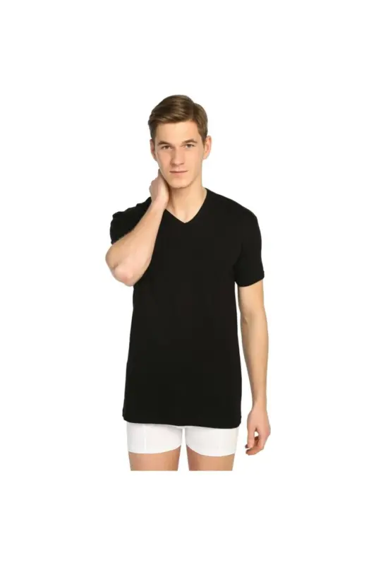 Men's Black Ribbed V-Neck Undershirt 3-Pack - Black - TUTKU