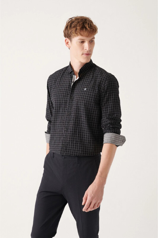 Men's Black Seersucker Cotton Plaid Slim Fit Narrow Cut Shirt A31y2214 - AVVA