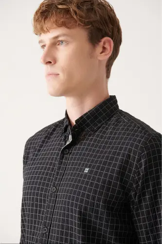 Men's Black Seersucker Cotton Plaid Slim Fit Narrow Cut Shirt A31y2214 - AVVA (1)