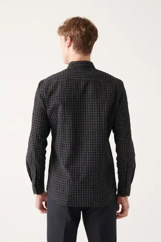 Men's Black Seersucker Cotton Plaid Slim Fit Narrow Cut Shirt A31y2214 - 4