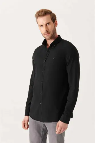 Men's Black Shirt 100% Cotton Fine Soft Touch Buttoned Collar Long Sleeve Regular Fit E002206 