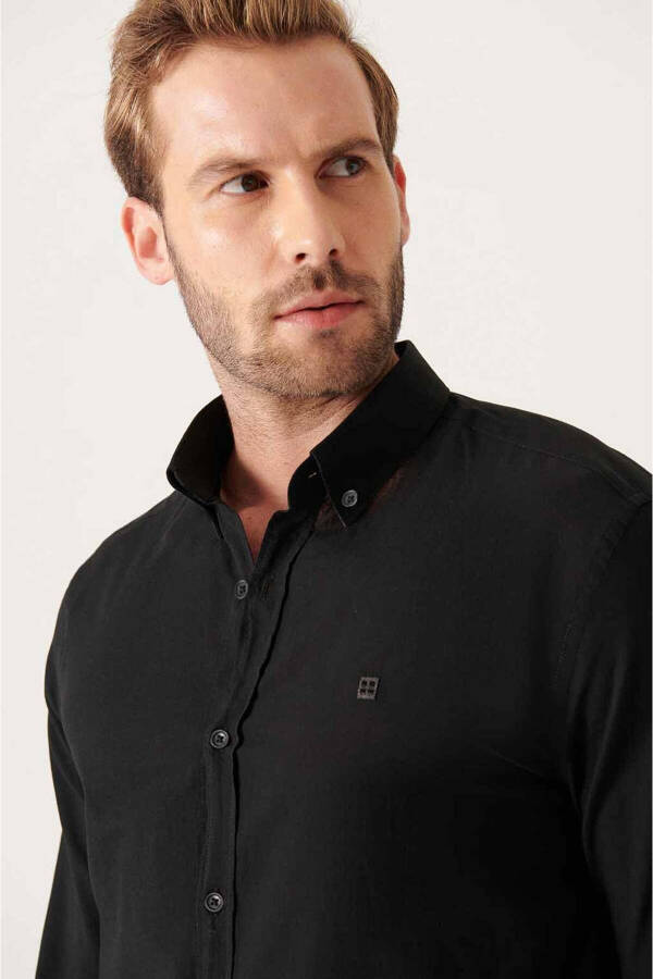 Men's Black Shirt 100% Cotton Fine Soft Touch Buttoned Collar Long Sleeve Regular Fit E002206 - 2