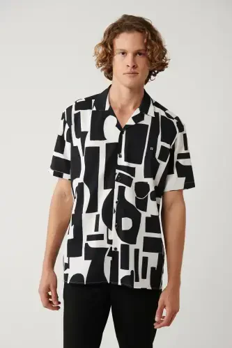 Men's Black Shirt Apaj Collar Easy Iron Printed Gofre Oversize Fit A41y2177 - 1