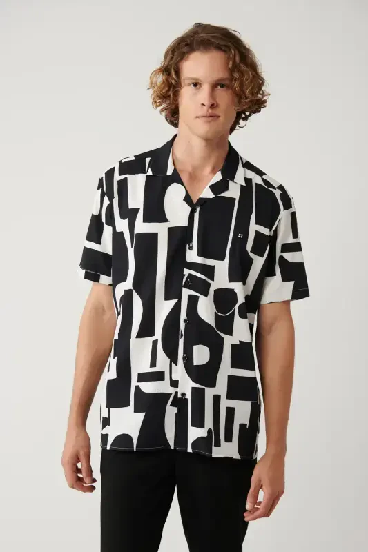 Men's Black Shirt Apaj Collar Easy Iron Printed Gofre Oversize Fit A41y2177 - AVVA