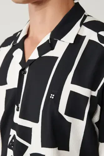 Men's Black Shirt Apaj Collar Easy Iron Printed Gofre Oversize Fit A41y2177 - AVVA (1)