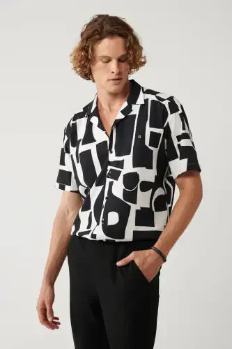 Men's Black Shirt Apaj Collar Easy Iron Printed Gofre Oversize Fit A41y2177 - 3