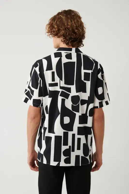 Men's Black Shirt Apaj Collar Easy Iron Printed Gofre Oversize Fit A41y2177 - 4