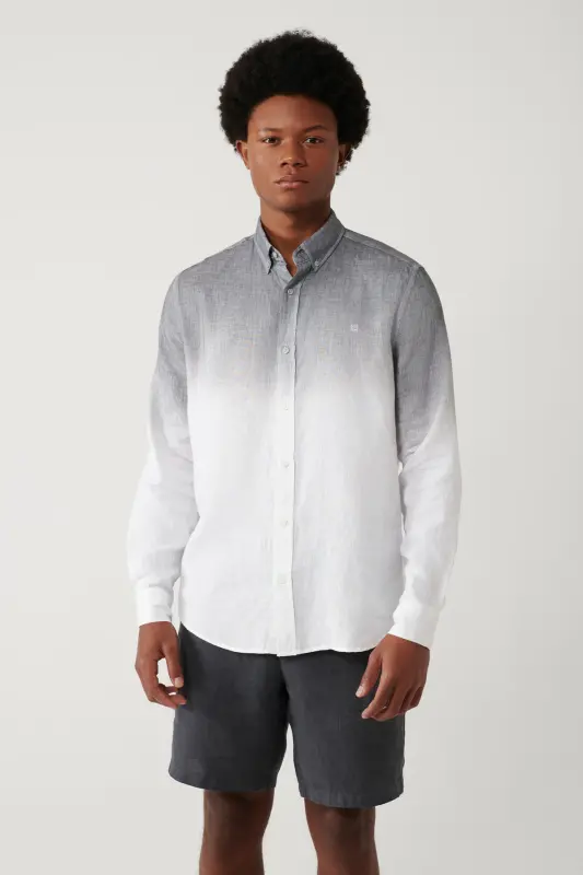 Men's Black Shirt Buttoned Collar 100% Linen Color Gradient Comfort Fit A41y2195 - 1