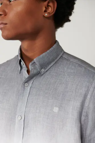 Men's Black Shirt Buttoned Collar 100% Linen Color Gradient Comfort Fit A41y2195 - AVVA (1)