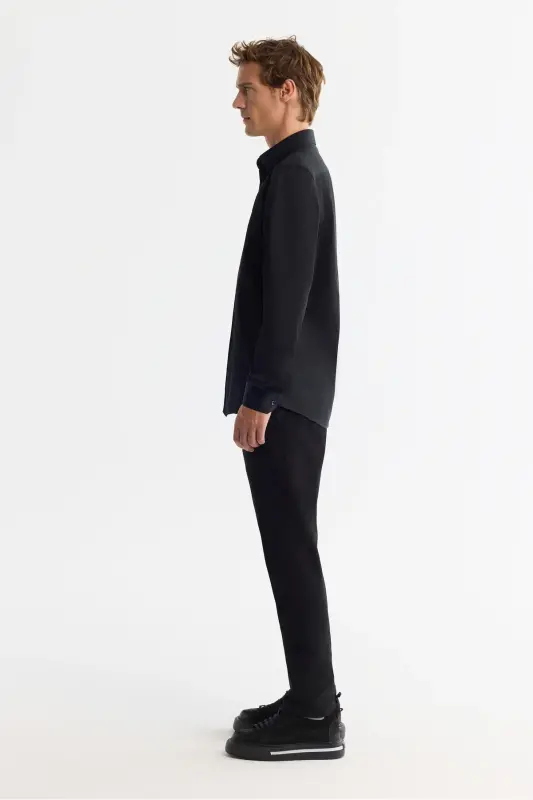 Men's Black Shirt Classic Collar 100% Cotton Satin Slim Fit B002006 - 3