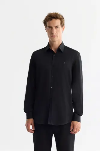 Men's Black Shirt Classic Collar 100% Cotton Satin Slim Fit B002006 