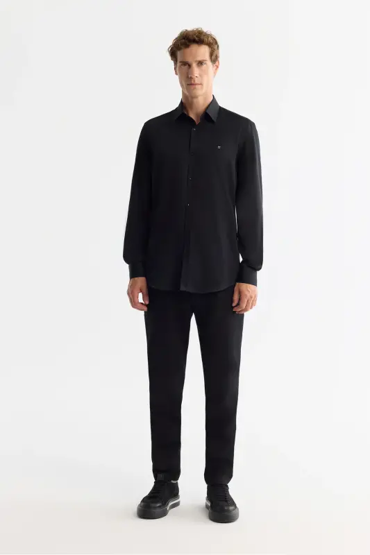 Men's Black Shirt Classic Collar 100% Cotton Satin Slim Fit B002006 - 5