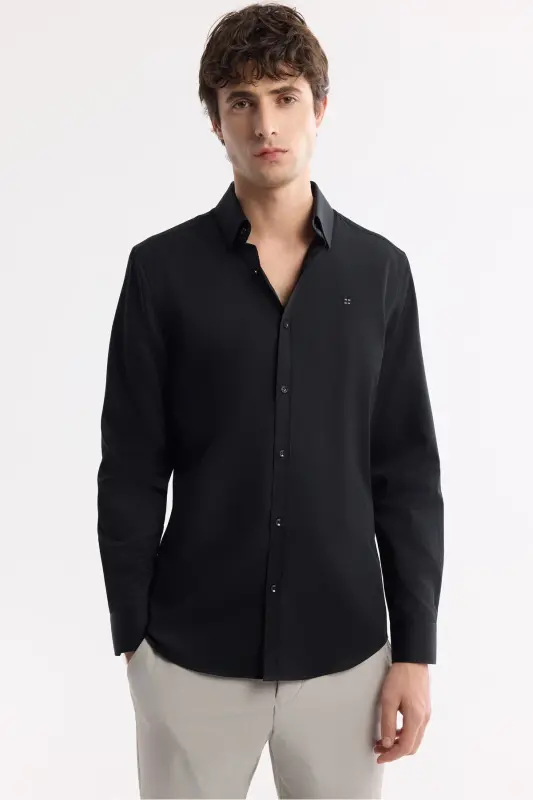 Men's Black Shirt Classic Collar 100% Cotton Satin Slim Fit B002006 - 6