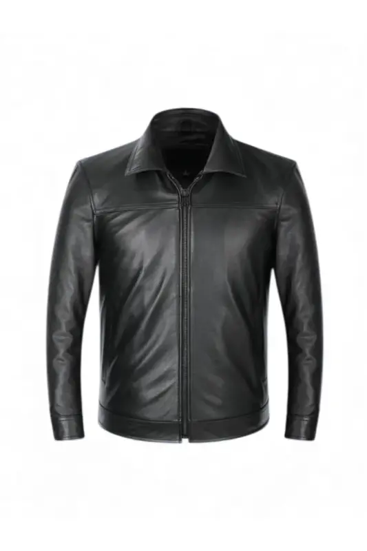 Men's Black Shirt Collar Genuine Leather Jacket - 1