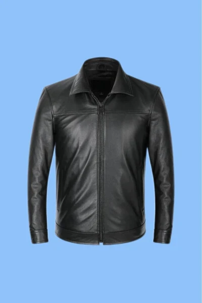 Men's Black Shirt Collar Genuine Leather Jacket - MALVİNEYU