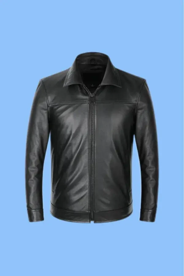 Men's Black Shirt Collar Genuine Leather Jacket - 1